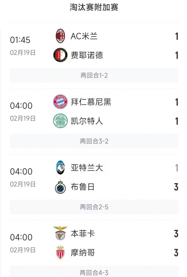 今日欧冠4支五大联赛球队3支遭淘汰，仅拜仁涉险过关