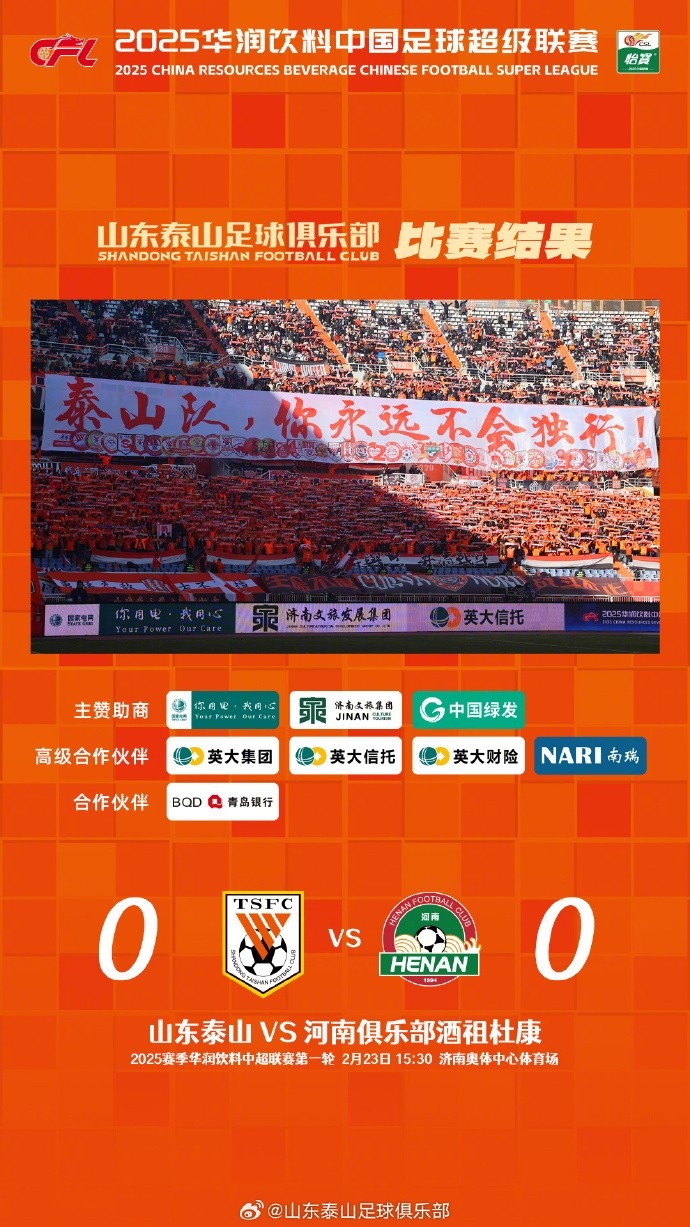 中超首战，泰山队虽未取胜，但全队展现出了顽强的拼搏精神